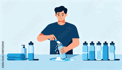 Man cleaning water bottles with a brush on a table