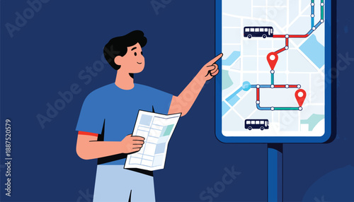 Person studying a map with bus routes and destinations
