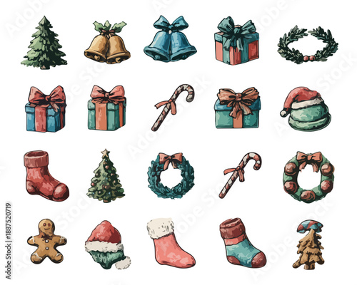 Conjunto de ilustraciones de iconos navideños dibujados a mano sobre fondo transparente, elementos decorativos festivos.