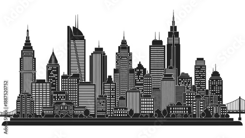 Black and white city skyline silhouette with skyscrapers and bridge, urban landscape vector illustration