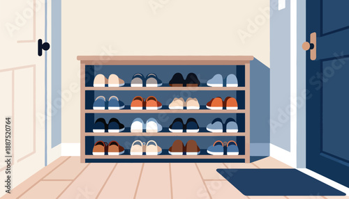 A minimalist entryway with a wooden shoe rack holding various slippers and shoes