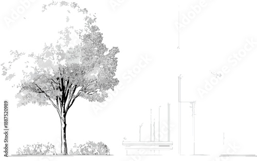 緑豊かな木と現代的な建物のシルエット、透明感のあるシンプルなデザイン、自然と都市の対比