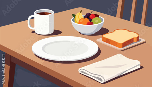 A simple breakfast setup with fruit, coffee, toast, and an empty plate