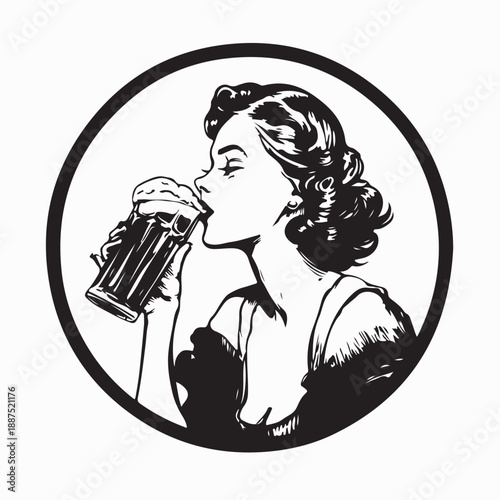 Vintage Girl Drinking Beer Logo Vector Isolated on White Background