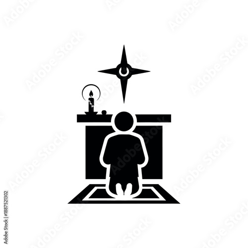 Person kneeling in prayer before an altar with a candle and a star symbol.