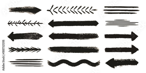 様々なデザインの黒い矢印と線、ブラシストローク、装飾的な要素のセット