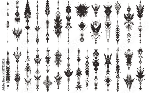 様々な幾何学模様と部族風のシンボルが組み合わされた、黒い線画のタトゥーデザイン集。透明感のある背景に配置。
