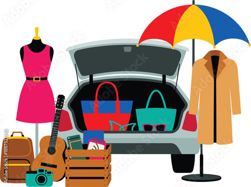 Shopping and travel lifestyle illustration with car trunk full of fashion items, bags, clothes, accessories, umbrella, guitar and camera, isolated flat design concept
