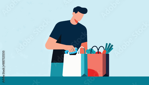 Man puts items into a shopping bag filled with groceries