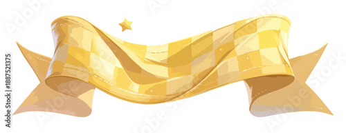 金色のチェック柄リボンと星のイラスト。透明な背景に配置された、お祝いや成功を象徴するデザイン。