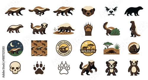 Collection of badger illustrations in various poses, including running, standing, and in logo designs.