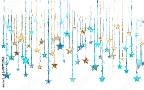 Estrellas colgantes de acuarela en tonos azules y dorados sobre fondo blanco, diseño festivo y brillante.