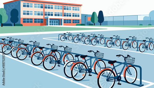 Rows of bicycles with baskets parked outside a building under a clear sky