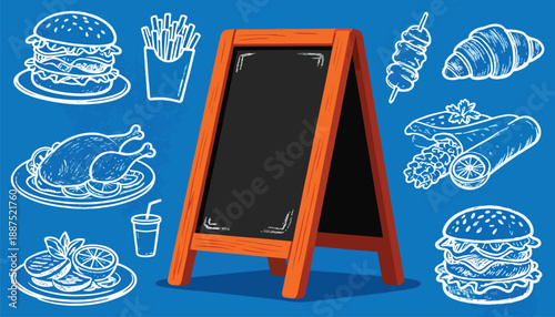 An A-frame chalkboard stands amidst chalk-drawn fast food icons on a blue background