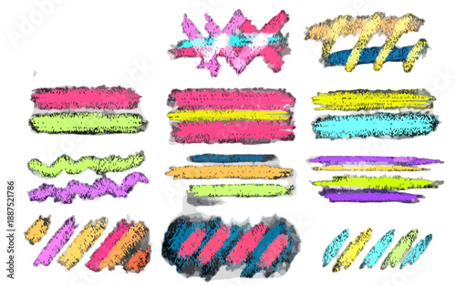 Colección de trazos de pincel de acuarela vibrantes y abstractos con textura, aislados sobre fondo transparente.