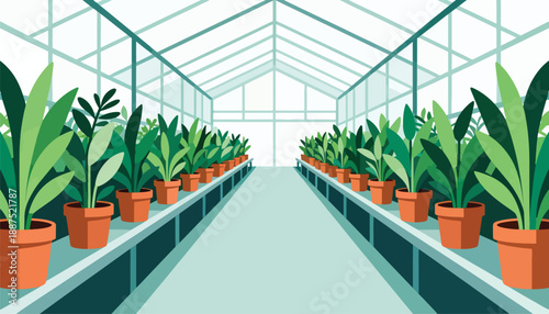 Rows of potted green plants line shelves inside a bright, modern greenhouse structure