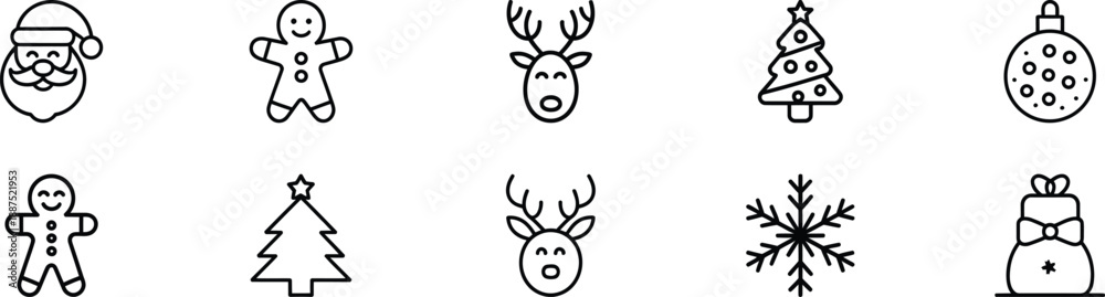 Fototapeta premium Christmas icons set featuring Santa Claus gingerbread men reindeer Christmas trees baubles snowflakes and gifts in a line art style.