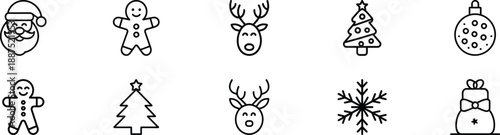 Christmas icons set featuring Santa Claus gingerbread men reindeer Christmas trees baubles snowflakes and gifts in a line art style.
