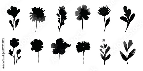 透明な黒い水彩の花と葉のイラストセット、デザイン素材として最適