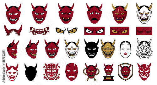 A collection of stylized Oni demon masks and facial features, showcasing various designs, colors, and expressions.