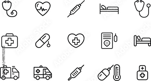 Medical and healthcare icons set containing stethoscopes heartbeats syringes beds first aid kits pills and ambulances.
