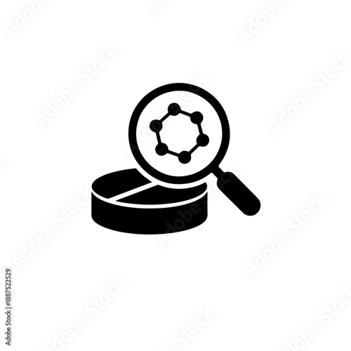 Molecular structure detection icon with magnifying glass zooming on a pill to reveal chemical formula in black and white