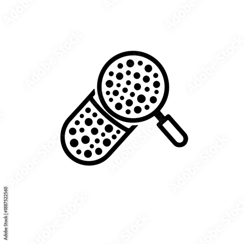 Detailed capsule pill under magnifying glass icon, showing medicine pellets in black and white minimalist style. Medical capsule zoom icon with magnifying lens showing inner drug particles