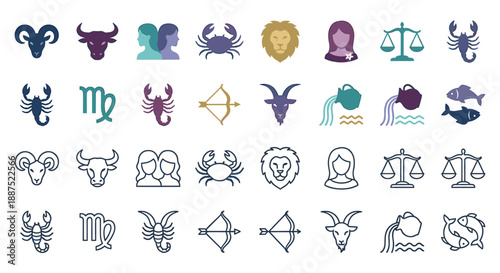 Zodiac signs icons in two styles, solid and outline, arranged in rows, depicting astrological symbols.