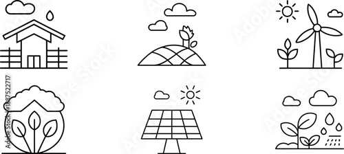 Agriculture and renewable energy icons set depicting farms plants windmills and solar panels in a line art style.
