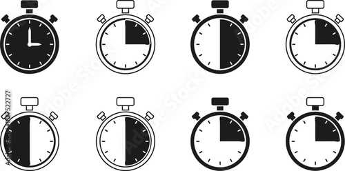 Stopwatch timer icon set with different time progress states black and white flat vector illustration