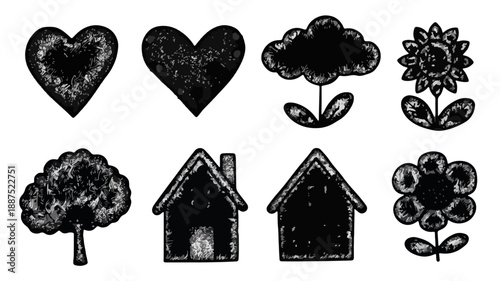 手描き風のアイコンセット：ハート、家、木、花、雲など、シンプルで可愛らしいデザインの透明素材