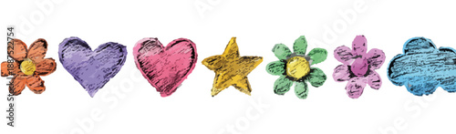 クレヨンで描かれたカラフルなハート、花、星、雲のイラストが並んだ線画。透明背景。