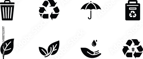 Environmental and recycling icons set including trash cans recycling symbols leaves and water droplet with hand.

