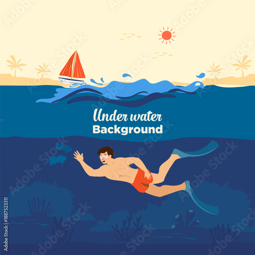Vector illustration of a man snorkeling on a summer vacation featuring a blue ocean with a boat, sun, and underwater nature background