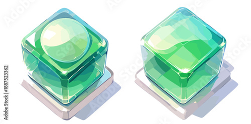 透明な緑色の立方体ジェムストーンが並べられ、光沢のある表面と洗練されたカットが特徴です。