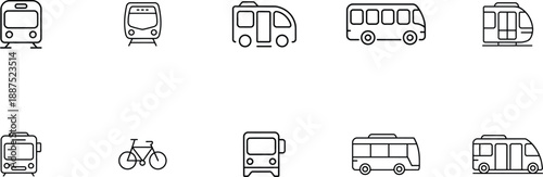 Transportation icons set containing trains, buses, and a bicycle, representing various modes of public and personal transit.
