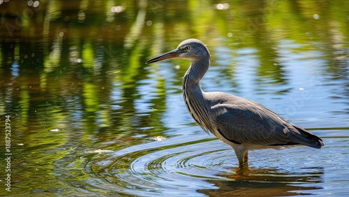 Heron stands in shallow water