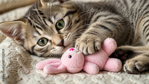 Kitten snuggling with pink toy