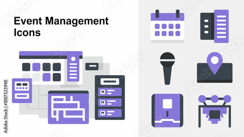 a visual representation of event management through a collection of simplistic flat design icons in shades of purple and gray high quality professional detailed modern elegant