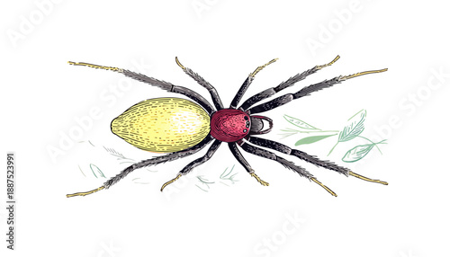 鮮やかな黄色い腹部を持つ、赤くて丸い頭のクモのイラスト。背景には葉っぱが描かれている。