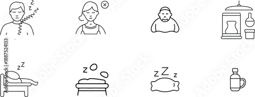 Sleep and insomnia related icons showing people sleeping, a bed, a pillow, and medical items for sleep treatment.
