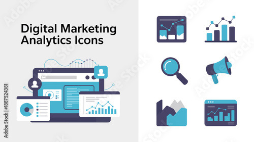 the image showcases a collection of digital marketing analytics icons including graphs charts a laptop a speaker and a magnifying glass high quality professional detailed modern