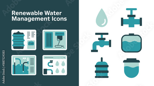 a visual representation of renewable water management including icons of water droplets pipes tanks and filtration systems depicted in a teal color scheme high quality professional