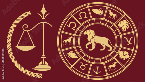 Celestial Zodiac Wheel with Libra Scales and Lion Symbol in Elegant Gold and Maroon Vector