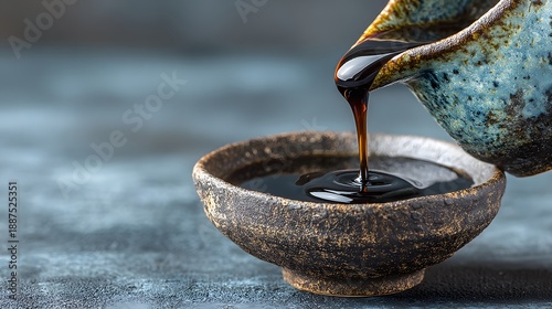 Dark soy sauce or balsamic vinegar being poured from small ceramic jug into dipping bowl, capturing viscous flow, grey stone background.