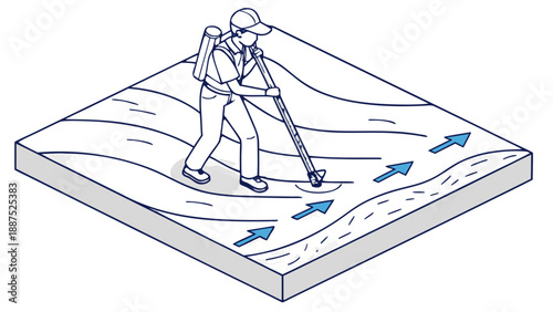 Isometric blue line art of a person using a portable ground sensor to scan the subsurface of a patch of land, with directional arrows