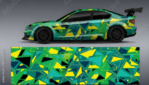 Sports car with abstract geometric triangle pattern vinyl wrap design.
