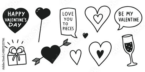 Cute valentine's day doodle set: love hearts, gift, champagne, and romantic speech bubbles