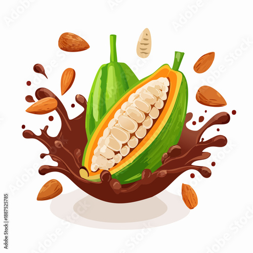 Stunning depiction of cocoa pod bursting open with seeds surrounded by dynamic splash of melted chocolate and flying shavings