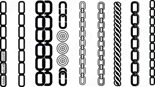 Black chain link styles vertical set with rope and ring variations isolated on white background vector illustration